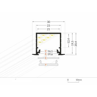 4 Meter LED Profil Einbau Tief Schwarz eloxiert ohne Abdeckung 21mm Serie L